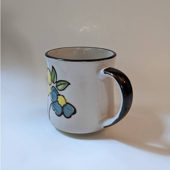Vintage Mid-Century Floral Stoneware Mug, Bohemian Blue and Yellow Flowers - Picture 4 of 9